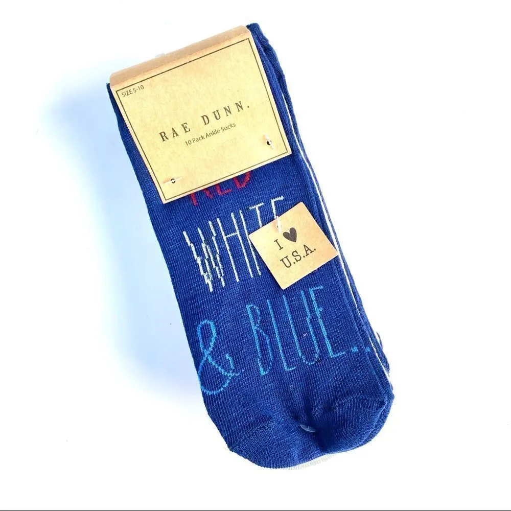 Rae Dunn Patriotic Ankle Socks 10pk Red White Blue NWT
